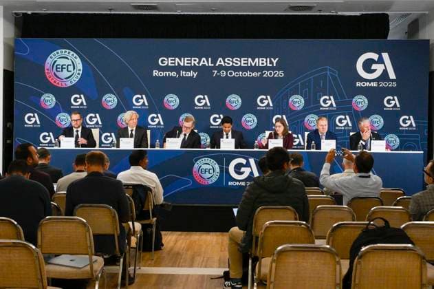 press conference, PK, Pressekonferenz at the end of the 32nd European Football Clubs General Assembly in Rome at the Rome Cavalieri Waldorf Hotel. Italy - Thursday 09 October 2025. Sports.  Copyright: xFabrizioxCorradetti LaPressex
