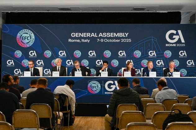 press conference, PK, Pressekonferenz at the end of the 32nd European Football Clubs General Assembly in Rome at the Rome Cavalieri Waldorf Hotel. Italy - Thursday 09 October 2025. Sports.  Copyright: xFabrizioxCorradetti LaPressex