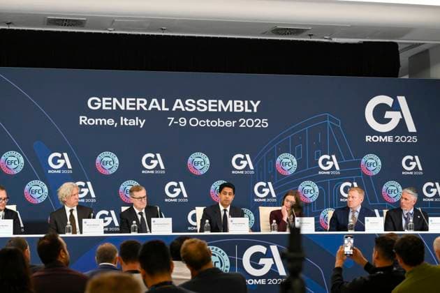 press conference, PK, Pressekonferenz at the end of the 32nd European Football Clubs General Assembly in Rome at the Rome Cavalieri Waldorf Hotel. Italy - Thursday 09 October 2025. Sports.  Copyright: xFabrizioxCorradetti LaPressex