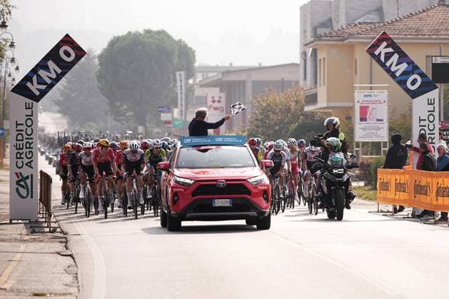 The start of (Km 0) 109th edition of the Gran Piemonte 2025 a 179 km one day race from Dogliani to Acqui Terme on October 9, 2025, Italy.  Copyright: xMarcoxAlpozzi LaPressex