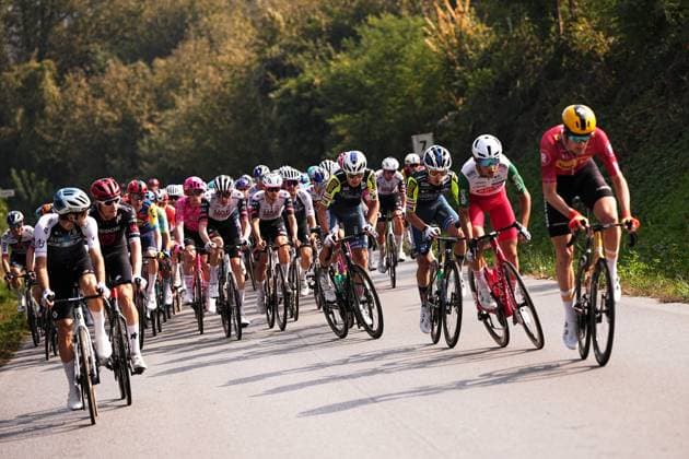 The pack rides cycles during the 109th edition of the Gran Piemonte 2025 a 179 km one day race from Dogliani to Acqui Terme on October 9, 2025, Italy.  Copyright: xMarcoxAlpozzi LaPressex