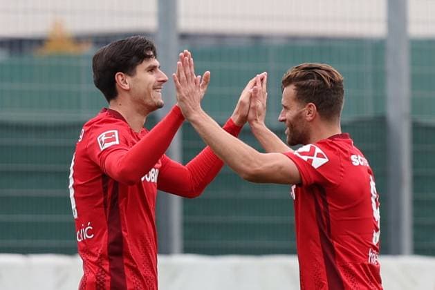 09 10 2025, xrekx, football test match, SC Freiburg Karlsruher SC v l goal celebration after the goal celebrating the goal celebrate 1 0 by Igor Matanovic SC Freiburg with Lucas Höler Hoeler SC Freiburg DFL DFB REGULATIONS PROHIBIT ANY USE OF PHOTOGRAPHS as IMAGE SEQUENCES and or QUASI VIDEO Freiburg