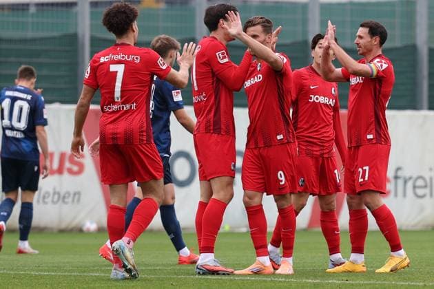 09 10 2025, xrekx, football test match, SC Freiburg Karlsruher SC v l goal celebration after the goal celebrating the goal celebrate 1 0 by Igor Matanovic SC Freiburg with Lucas Höler Hoeler SC Freiburg DFL DFB REGULATIONS PROHIBIT ANY USE OF PHOTOGRAPHS as IMAGE SEQUENCES and or QUASI VIDEO Freiburg