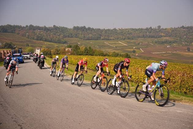 The pack rides cycles during the 109th edition of the Gran Piemonte 2025 a 179 km one day race from Dogliani to Acqui Terme on October 9, 2025, Italy.  Copyright: xMarcoxAlpozzi LaPressex