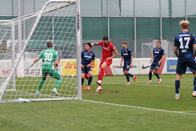 09 10 2025, xrekx, Soccer Test Match, SC Freiburg Karlsruher SC v l Goal for 2 0 by Anthony Jung SC Freiburg Robin Himmelmann Karlsruher SC DFL DFB REGULATIONS PROHIBIT ANY USE OF PHOTOGRAPHS as IMAGE SEQUENCES and or QUASI VIDEO Freiburg