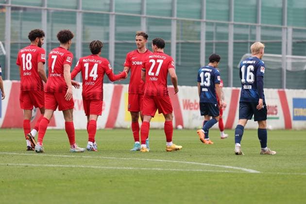 09 10 2025, xrekx, football test match, SC Freiburg Karlsruher SC v l goal celebration after the goal to celebrate the goal celebrate 3 0 by Nicolas Höfler Hoefler SC Freiburg with Max Rosenfelder SC Freiburg DFL DFB REGULATIONS PROHIBIT ANY USE OF PHOTOGRAPHS as IMAGE SEQUENCES and or QUASI VIDEO Freiburg