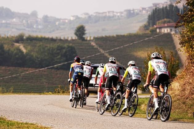The pack rides cycles during the 109th edition of the Gran Piemonte 2025 a 179 km one day race from Dogliani to Acqui Terme on October 9, 2025, Italy.  Copyright: xMarcoxAlpozzi LaPressex