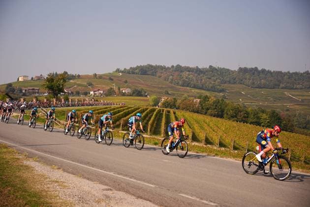 The pack rides cycles during the 109th edition of the Gran Piemonte 2025 a 179 km one day race from Dogliani to Acqui Terme on October 9, 2025, Italy.  Copyright: xMarcoxAlpozzi LaPressex