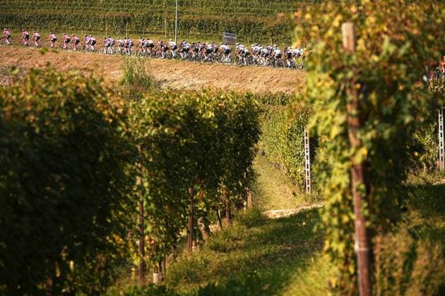 The pack rides cycles during the 109th edition of the Gran Piemonte 2025 a 179 km one day race from Dogliani to Acqui Terme on October 9, 2025, Italy.  Copyright: xMarcoxAlpozzi LaPressex