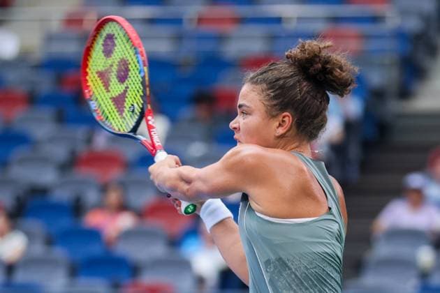WUHAN, CHINA - OCTOBER 09: Jasmine Paolini of Italy returns a shot in the Women s Singles Round of 16 match against Clara Tauson of Denmark on day 6 of 2025 Wuhan Open at Optics Valley International Tennis Center on October 9, 2025 in Wuhan, Hubei Province of China.  Copyright: xVCGx 111596125247