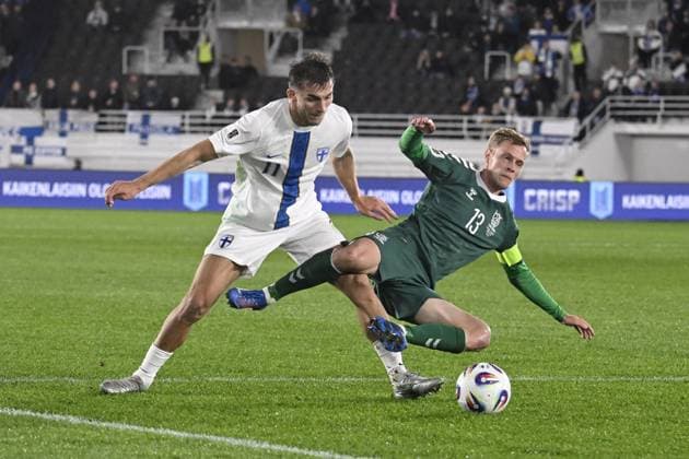 11 Adam Marhiev of Finland and 13 Justas Lasickas of Lithuania fights for the ball during the 2026 FIFA World Cup, WM, Weltmeisterschaft, Fussball qualification UEFA Group G football match Finland vs Lithuania in Helsinki, Finland on October 9, 2025. Helsinki Finland LKFTJK20251009194315QFSI  Copyright: xMarkkuxUlanderx LKFTJK20251009194315QFSI