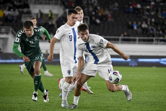 11 Adam Marhiev and 9 Leo Walta play s the ball infront of 17 Pijus Sirvys of Lithuania during the 2026 FIFA World Cup, WM, Weltmeisterschaft, Fussball qualification UEFA Group G football match Finland vs Lithuania in Helsinki, Finland on October 9, 2025. Helsinki Finland LKFTJK20251009202049KERB  Copyright: xMarkkuxUlanderx LKFTJK20251009202049KERB