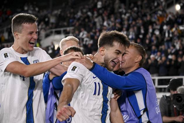 11 Adam Marhiev celebrates with team mates after scoring his team s second goal during the 2026 FIFA World Cup, WM, Weltmeisterschaft, Fussball qualification UEFA Group G football match Finland vs Lithuania in Helsinki, Finland on October 9, 2025. Helsinki Finland LKFTJK20251009202238XNUE  Copyright: xMarkkuxUlanderx LKFTJK20251009202238XNUE