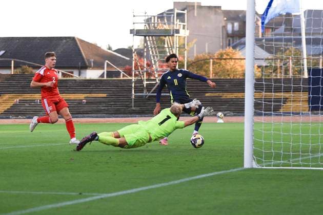 9th October 2025; Dens Park, Dundee, Scotland; Under 21 Euro Qualifiers International Football, Scotland versus Gibraltar; Emilio Lawrence of Scotland under 21 scores the opening goal of the match for 1-0 in the 4th minute  DsvidxYoung