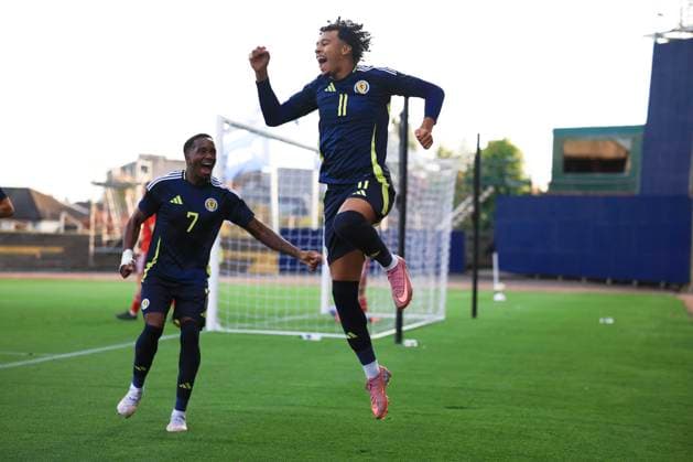 9th October 2025; Dens Park, Dundee, Scotland; Under 21 Euro Qualifiers International Football, Scotland versus Gibraltar; Emilio Lawrence of Scotland under 21 celebrates after scoring for 1-0 in the 4th minute  DsvidxYoung