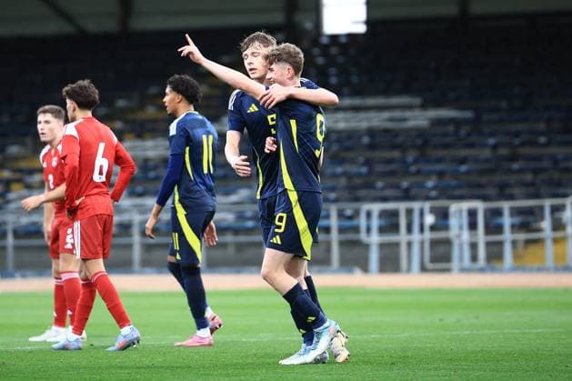 9th October 2025; Dens Park, Dundee, Scotland; Under 21 Euro Qualifiers International Football, Scotland versus Gibraltar; James Wilson of Scotland under 21 is congratulated after scoring for 5-0 by Luke Graham  DsvidxYoung
