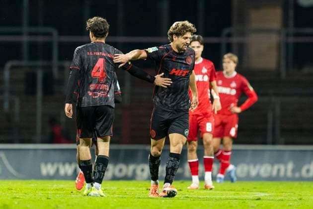 Cologne Cup 2025 09 10 2025 Enzo Wirtz Fortuna Köln, 9 celebrates after his goal to equalize 1 1 with Vleron Statovci Fortuna Köln, 4 at the Cologne Cup 2025 in the match 1 FC Köln against Fortuna Köln on 09 10 2025 at the Südstadion in Cologne Copyright: xBEAUTIFULxSPORTS Meuselx
