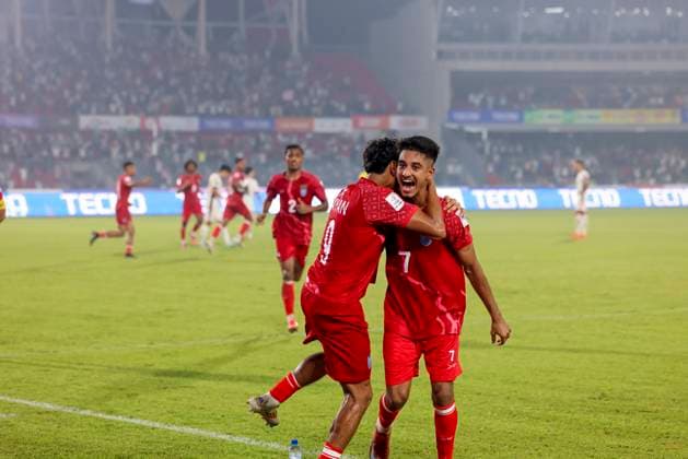 Bangladesh Vs Hong Kong In The AFC Asian Cup 2027 Qualifiers Bangladeshi players celebrate a goal against Hong Kong in the AFC Asian Cup 2027 Qualifiers at National Stadium in Dhaka, Bangladesh, on October 9, 2025. Dhaka Bangladesh  Copyright: xKazixSalahuddinxRazux originalFilename:salahuddin-notitle251009_np8Ag.jpg