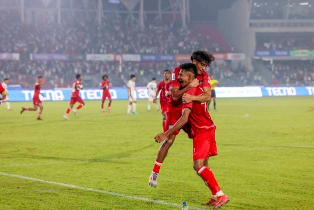 Bangladesh Vs Hong Kong In The AFC Asian Cup 2027 Qualifiers Bangladeshi players celebrate a goal against Hong Kong in the AFC Asian Cup 2027 Qualifiers at National Stadium in Dhaka, Bangladesh, on October 9, 2025. Dhaka Bangladesh  Copyright: xKazixSalahuddinxRazux originalFilename:salahuddin-notitle251009_npMai.jpg