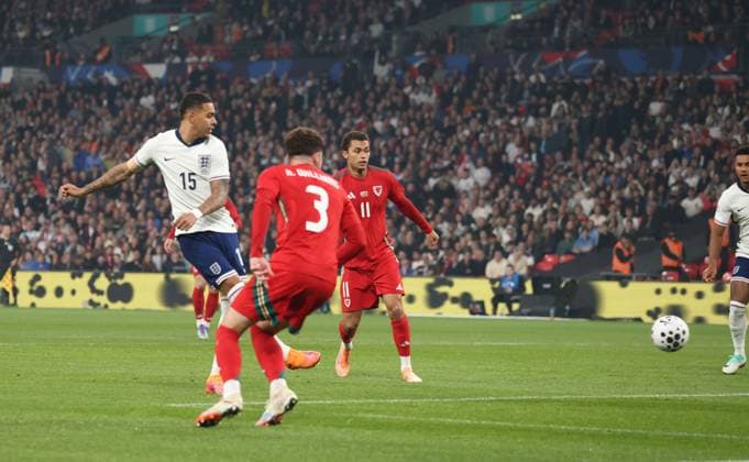 Morgan Rogers (E) scores the first England goal (1-0) at the England v Wales friendly international match, Länderspiel, Nationalmannschaft at Wembley Stadium, London, UK on 9th October 2025. 
