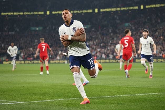 Morgan Rogers (E) celebrates scoring the first England goal (1-0) at the England v Wales friendly international match, Länderspiel, Nationalmannschaft at Wembley Stadium, London, UK on 9th October 2025. 