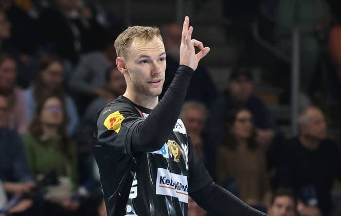 Mathias Gidsel pointing, gesticulating action upper body Sport Handball CL Champions League Champions League Men 4 Matchday Season 2025 2026 09 10 2025 Füchse Berlin vs Dinamo Bucharest in the Max Schmeling Halle