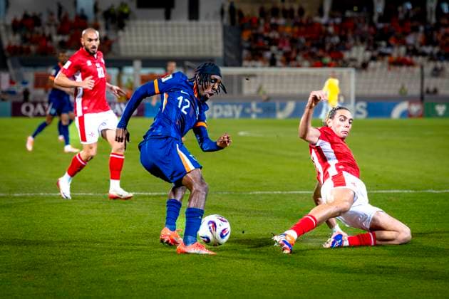 Netherlands midfielder Jeremie Frimpong, Malta player Alexander Satariano during the match Malta vs Netherlands at the National Stadium Ta Qali for the European Qualifiers Group G season 2025-2026 in ATTARD, Malta on 9 October 2025, (photo by Marcel van Dorst EYE4images DeFodi Images) Netherlands midfielder Jeremie Frimpong, Malta player Alexander Satariano during the match Malta vs Netherlands at the National Stadium Ta Qali for the European Qualifiers Group G season 2025 2026 in ATTARD, Malta on 9 October 2025, photo by Marcel van Dorst EYE4images DeFodi Images