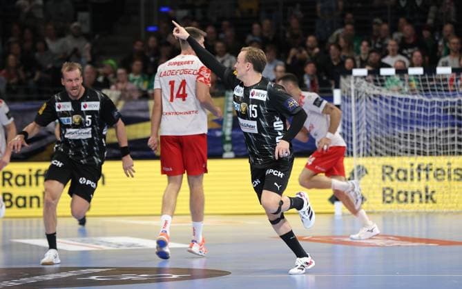 Tobias Schjoelberg Groendahl celebrates after scoring Joy Emotion Cheering Sport Handball CL Champions League Champions League Men 4 Matchday Season 2025 2026 09 10 2025 Füchse Berlin vs Dinamo Bucharest in the Max Schmeling Halle