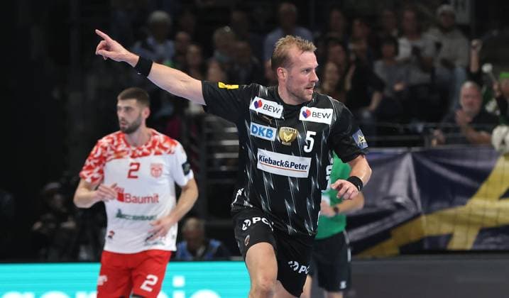Max Darj celebrates after scoring Joy Emotion Cheering Sport Handball CL Champions League Champions League Men 4 Matchday Season 2025 2026 09 10 2025 Füchse Berlin vs Dinamo Bucharest in the Max Schmeling Halle