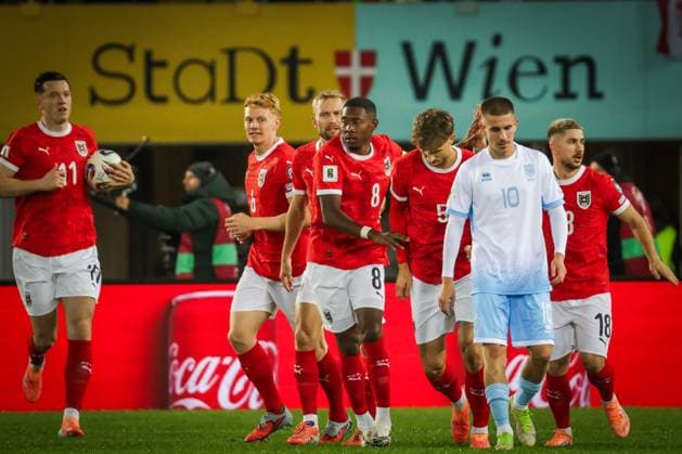 SOCCER - FIFA WC quali, AUT vs SMR VIENNA,AUSTRIA,09.OCT.25 - SOCCER - FIFA World Cup, WM, Weltmeisterschaft, Fussball 2026, European Qualifiers, group stage, OEFB international match, Länderspiel, Nationalmannschaft Austria vs San Marino. Image shows the rejoicing of AUT.  GEPAxpictures xDavidxBitzan
