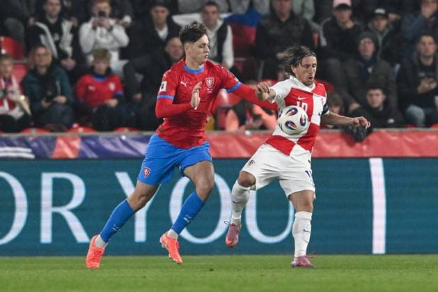 Czechia v Croatia - FIFA World Cup, WM, Weltmeisterschaft, Fussball 2026 Qualifier Ladislav Krejci of Czechia and Luka Modric of Croatia compete for the ball during the FIFA World Cup 2026 qualifier match between Czechia and Croatia at Fortuna Arena on October 9, 2025 in Prague, Czech Republic.  MarkoxLukunic PIXSELL