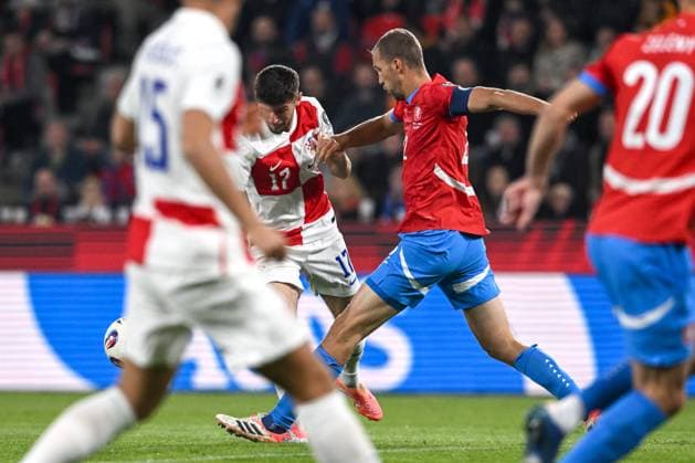 Czechia v Croatia - FIFA World Cup, WM, Weltmeisterschaft, Fussball 2026 Qualifier Petar Sucic of Croatia and Tomas Soucek of Czechia compete for a ball during the FIFA World Cup 2026 qualifier match between Czechia and Croatia at Fortuna Arena on October 9, 2025 in Prague, Czech Republic.  MarkoxLukunic PIXSELL