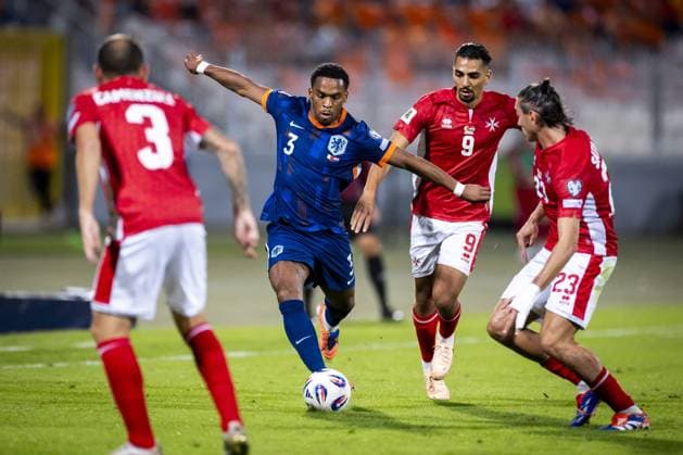 ATTARD - (l-r) Ryan Camenzuli of Malta, JurriÃ«n Timber of the Netherlands, Ilyas Chouaref of Malta, and Alexander Satariano of Malta at the National Stadium during the Dutch national team, Nationalteam s 2026 FIFA World Cup, WM, Weltmeisterschaft, Fussball qualifying match against Malta. ANP KOEN VAN WEEL xVIxANPxSportx xxANPxIVx 538793784 originalFilename: 538793784.jpg