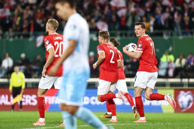 SOCCER - FIFA WC quali, AUT vs SMR VIENNA,AUSTRIA,09.OCT.25 - SOCCER - FIFA World Cup, WM, Weltmeisterschaft, Fussball 2026, European Qualifiers, group stage, OEFB international match, Länderspiel, Nationalmannschaft Austria vs San Marino. Image shows the rejoicing of Michael Gregoritsch (AUT).  GEPAxpictures xArminxRauthner