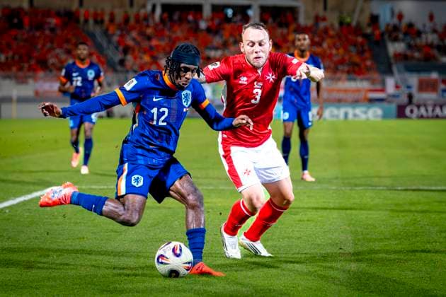 Netherlands midfielder Jeremie Frimpong, Malta player Ryan Camenzuli during the match Malta vs Netherlands at the National Stadium Ta Qali for the European Qualifiers Group G season 2025-2026 in ATTARD, Malta on 9 October 2025, (photo by Marcel van Dorst EYE4images DeFodi Images) Netherlands midfielder Jeremie Frimpong, Malta player Ryan Camenzuli during the match Malta vs Netherlands at the National Stadium Ta Qali for the European Qualifiers Group G season 2025 2026 in ATTARD, Malta on 9 October 2025, photo by Marcel van Dorst EYE4images DeFodi Images