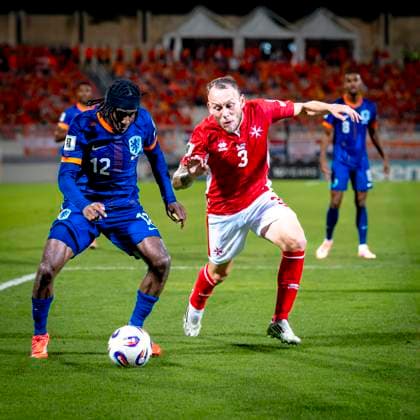 Netherlands midfielder Jeremie Frimpong, Malta player Ryan Camenzuli during the match Malta vs Netherlands at the National Stadium Ta Qali for the European Qualifiers Group G season 2025-2026 in ATTARD, Malta on 9 October 2025, (photo by Marcel van Dorst EYE4images DeFodi Images) Netherlands midfielder Jeremie Frimpong, Malta player Ryan Camenzuli during the match Malta vs Netherlands at the National Stadium Ta Qali for the European Qualifiers Group G season 2025 2026 in ATTARD, Malta on 9 October 2025, photo by Marcel van Dorst EYE4images DeFodi Images