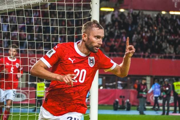 Football Austria, FIFA World Cup Qualification Europe UEFA 2026, Matchday 7 ÖFB Austria vs San Marino Ernst Happel Stadium Vienna, Austria Konrad Laimer Austria, 20 with the 6 0 goal for Austria, goal celebration, cheers Copyright: xLukasxBierederx
