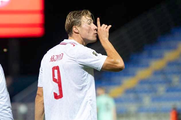 FIFA World Cup UEFA Qualifiers Group C Belarus vs Denmark Denmark Denmark s Rasmus Hoejlund reacts after scoring to make it 2 0 during the World Cup qualifier match between Belarus and Denmark at ZTE Arena in Zalaegerszeg, Hungary, on Thursday, October 9, 2025 Photo Bo Amstrup Ritzau Scanpix , Zalaegerszeg Hungary Mors  Copyright: BoxAmrstrupx xRitzauxScanpix BoxAmstrupx spdk20251009-215110-L