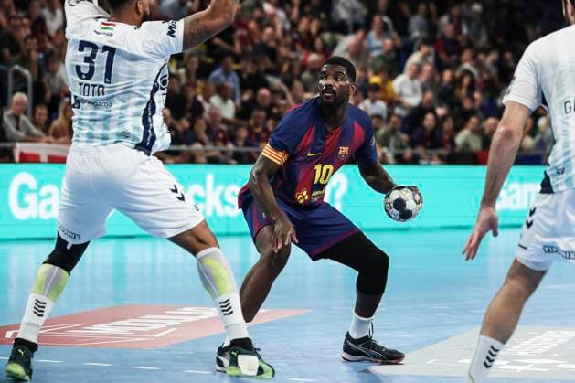 October 9, 2025, Barcelona, Barcelona, SPAIN: Dika Mem of FC Barcelona, Barca in action during the EHF Champions League 2025 26 group phase, handball match played between FC Barcelona and OTP Bank - Pick Szeged at Palau Blaugrana on October 09, 2025 in Barcelona, Spain. Barcelona SPAIN - ZUMAa181 20251009_zaa_a181_405 Copyright: xJavierxBorregox