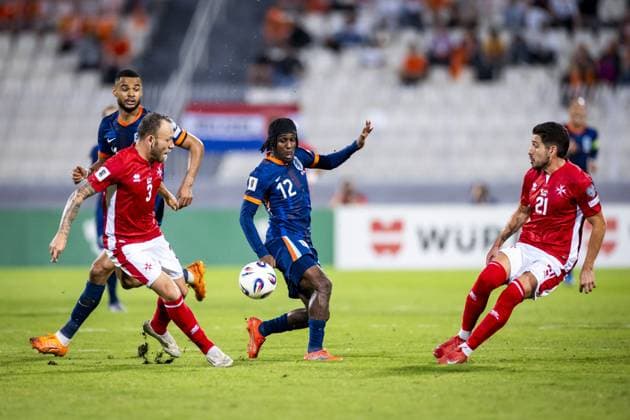 ATTARD - (l-r) = Ryan Camenzuli of Malta, Jeremie Frimpong of the Netherlands, and Juan Corbalan of Malta at the National Stadium during the Dutch national team, Nationalteam s 2026 FIFA World Cup, WM, Weltmeisterschaft, Fussball qualifying match against Malta. ANP KOEN VAN WEEL xVIxANPxSportx xxANPxIVx 538797330 originalFilename: 538797330.jpg