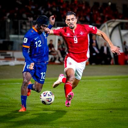 Netherlands midfielder Jeremie Frimpong, Malta player Ilyas Chouaref during the match Malta vs Netherlands at the National Stadium Ta Qali for the European Qualifiers Group G season 2025-2026 in ATTARD, Malta on 9 October 2025, (photo by Marcel van Dorst EYE4images DeFodi Images) Netherlands midfielder Jeremie Frimpong, Malta player Ilyas Chouaref during the match Malta vs Netherlands at the National Stadium Ta Qali for the European Qualifiers Group G season 2025 2026 in ATTARD, Malta on 9 October 2025, photo by Marcel van Dorst EYE4images DeFodi Images