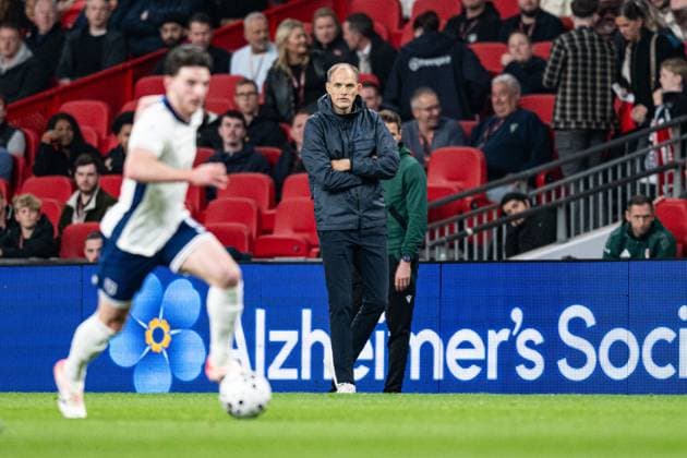 9th October 2025; Wembley Stadium, London, England; Friendly International Football, England versus Wales; England Manager Thomas Tuchel watches Declan Rice make a run with the ball  GodfreyxPitt