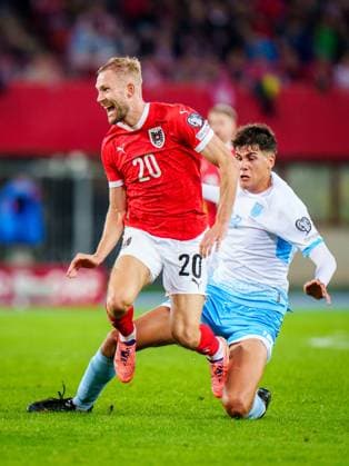 SOCCER - FIFA WC quali, AUT vs SMR VIENNA,AUSTRIA,09.OCT.25 - SOCCER - FIFA World Cup, WM, Weltmeisterschaft, Fussball 2026, European Qualifiers, group stage, OEFB international match, Länderspiel, Nationalmannschaft Austria vs San Marino. Image shows Konrad Laimer (AUT) and Giacomo Valentini (SMR).  GEPAxpictures xEdgarxEisner