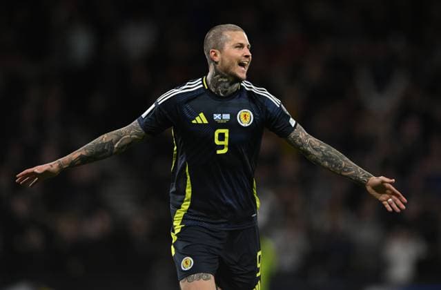 Glasgow, Scotland, 9th October 2025. Lydon Dykes of Scotland scores the sides 3rd goal after a defensive mix-up during the Scotland vs Greece FIFA World Cup, WM, Weltmeisterschaft, Fussball European Qualifying match at Hampden Park, Glasgow. Picture credit should read: Neil Hanna Sportimage EDITORIAL USE ONLY. No use with unauthorised audio, video, data, fixture lists, club league logos or live services. Online in-match use limited to 120 images, no video emulation. No use in betting, games or single club league player publications. SPI_066_NH_Scotland_Greece SPI-4206-0066
