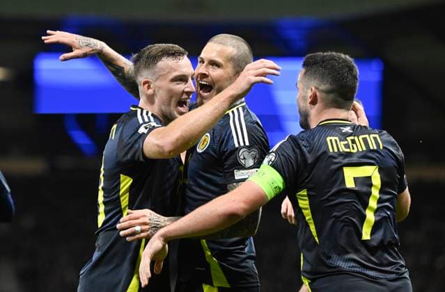 Glasgow, Scotland, 9th October 2025. Lydon Dykes of Scotland scores the sides 3rd goal after a defensive mix-up during the Scotland vs Greece FIFA World Cup, WM, Weltmeisterschaft, Fussball European Qualifying match at Hampden Park, Glasgow. Picture credit should read: Neil Hanna Sportimage EDITORIAL USE ONLY. No use with unauthorised audio, video, data, fixture lists, club league logos or live services. Online in-match use limited to 120 images, no video emulation. No use in betting, games or single club league player publications. SPI_077_NH_Scotland_Greece SPI-4206-0077