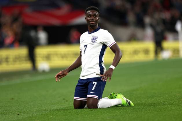 Bukayo Saka (E) celebrates scoring the third England goal (3-0) at the England v Wales friendly international match, Länderspiel, Nationalmannschaft at Wembley Stadium, London, UK on 9th October 2025. 