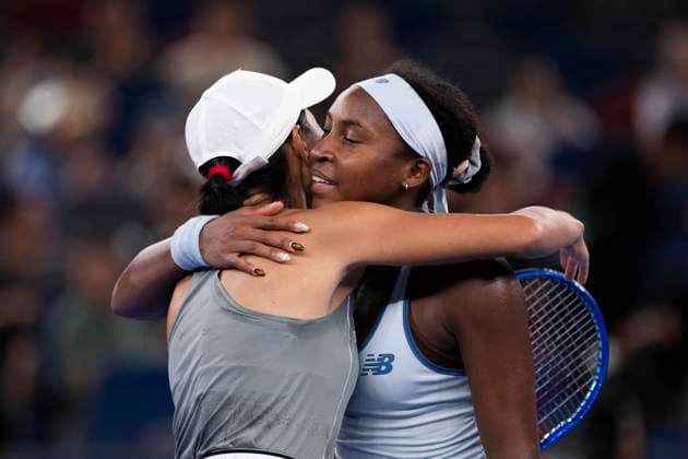 (251010) -- WUHAN, Oct. 10, 2025 -- Coco Gauff (R) of the United States hugs Zhang Shuai of China after their women s singles round of 16 match at the 2025 Wuhan Open tennis tournament in Wuhan, central China s Hubei Province, Oct. 9, 2025. ) (SP)CHINA-WUHAN-TENNIS-WUHAN OPEN-WOMEN S SINGLES (CN) WuxZhizun 
