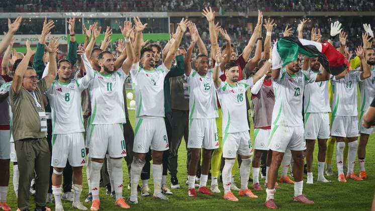 World Cup Qualifiers - Algeria v Somalia Anis Hadj Moussa, Baghdad Bounedjah, Amine Gouiri, Rafik Belghali, Mohammed Amoura and Youcef Belaïli of the Algerian national soccer team celebrate their victory during Algeria v Somalia compete for a World Cup qualifying match at Miloud Hadefi Stadium in Bir El Djir. Bir El Djir, Algérie, October 9, 2025. Photo by Hamza Bouhara ABACAPRESS.COM Oran Algeria  Copyright: xBouharaxHamza ABACAx