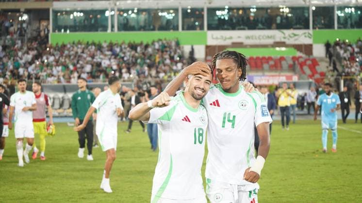 World Cup Qualifiers - Algeria v Somalia Mohammed Amoura and Hicham Boudaoui of the Algerian national soccer team during Algeria v Somalia compete for a World Cup qualifying match at Miloud Hadefi Stadium in Bir El Djir. Bir El Djir, Algérie, October 9, 2025. Photo by Hamza Bouhara ABACAPRESS.COM Oran Algeria  Copyright: xBouharaxHamza ABACAx