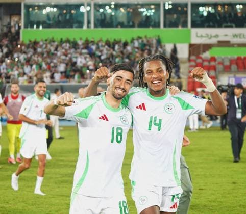 World Cup Qualifiers - Algeria v Somalia Mohammed Amoura and Hicham Boudaoui of the Algerian national soccer team during Algeria v Somalia compete for a World Cup qualifying match at Miloud Hadefi Stadium in Bir El Djir. Bir El Djir, Algérie, October 9, 2025. Photo by Hamza Bouhara ABACAPRESS.COM Oran Algeria  Copyright: xBouharaxHamza ABACAx